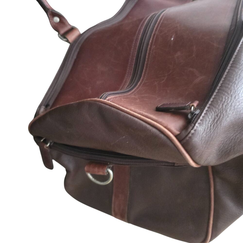 M London Mens Tote Duffel Bag Brown Leather Travel Gym Weekender Carry On Preppy - Picture 7 of 14